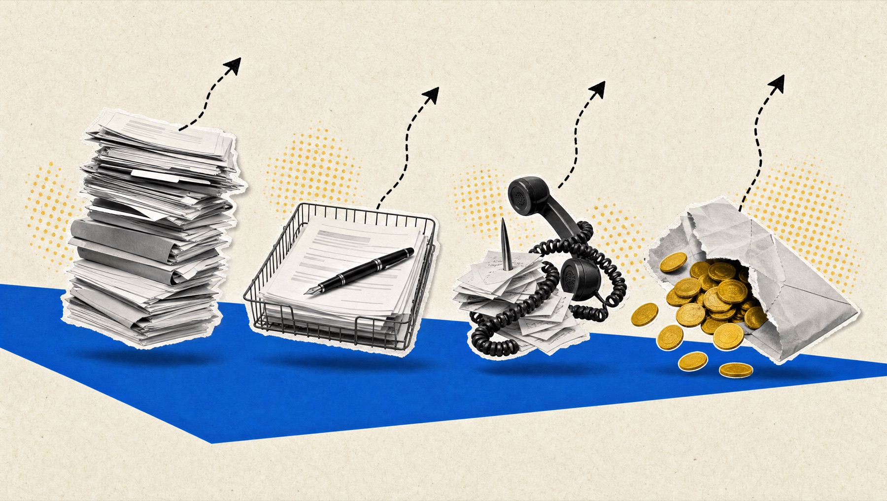 Four things lifted clear of a desk by a blue plane sliding underneath: a toppling stack of documents, a tray of unsigned forms with a pen across it, a telephone handset tangled around a spike of message slips, and coins spilling from a torn envelope.