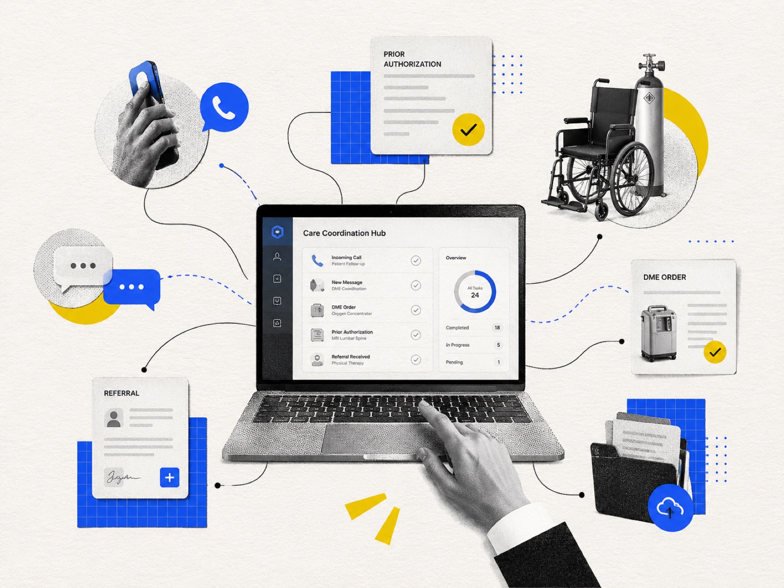 Care Coordination Hub — laptop dashboard tracking incoming calls, DME orders, prior auths and referrals with the actual physical devices (wheelchair, oxygen) around it.