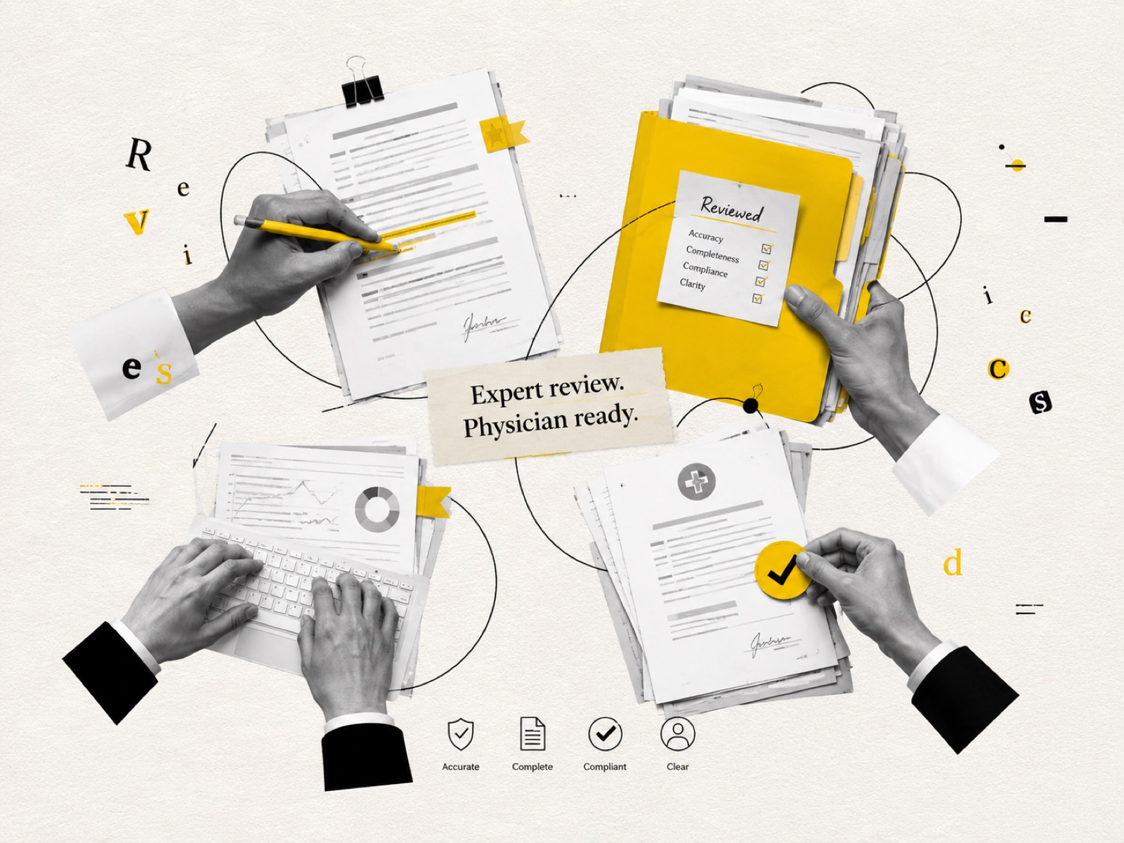 Expert document review — hands checking accuracy, completeness, compliance, clarity before a physician sees the chart.
