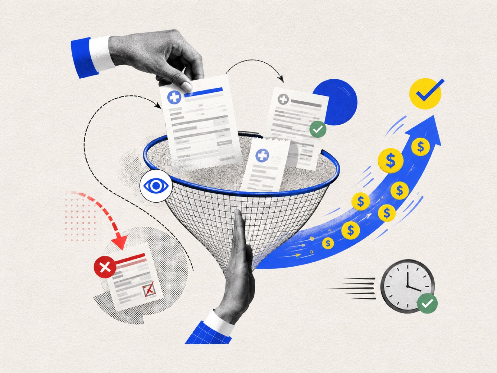 Revenue funnel — claims being filtered through a sieve, dollars flowing upward, denials caught early.