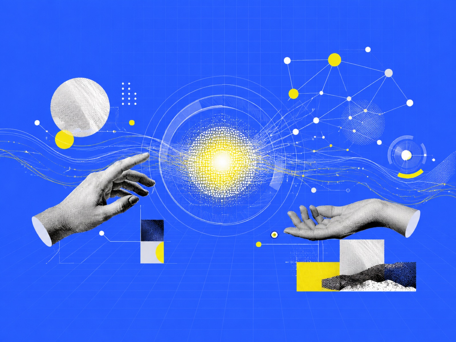 AI intelligence: hands reaching toward a glowing decision core surrounded by data streams and network connections